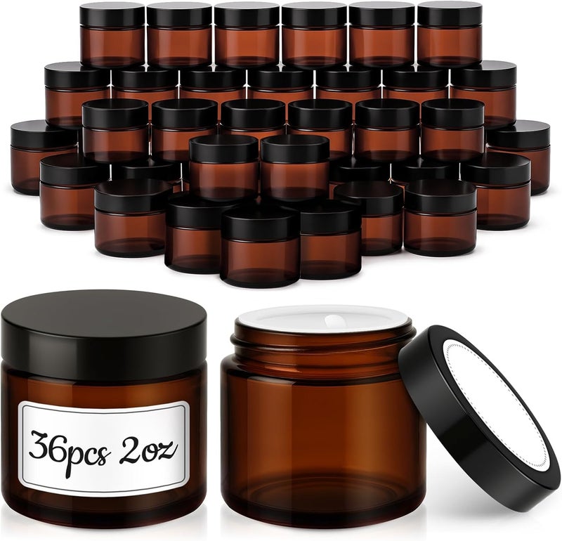 Tecohouse 2 oz Glass Jars with Lids, 36 Pack Amber Small Glass Jars with Black Lids Leakproof Round Airtight Empty Cosmetic Travel Containers with Inner Liners For Lotions Powders and Candle Making - Image 1